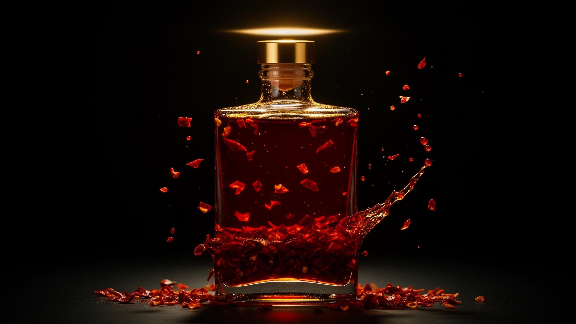 Premium chili oil bottle with floating chili flakes
